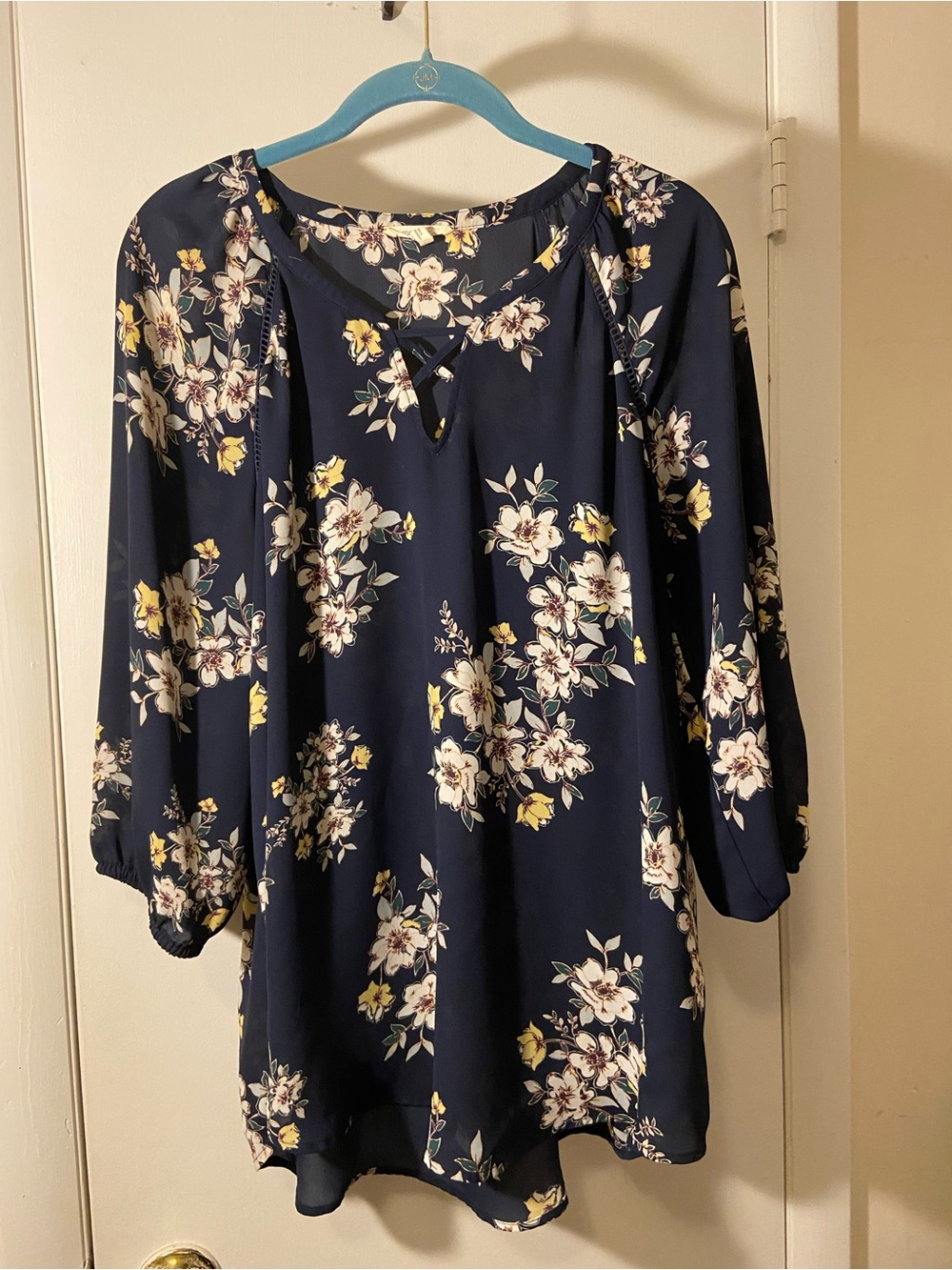 Maurices Navy Floral Tunic Blouse with Yellow & Cream Blooms